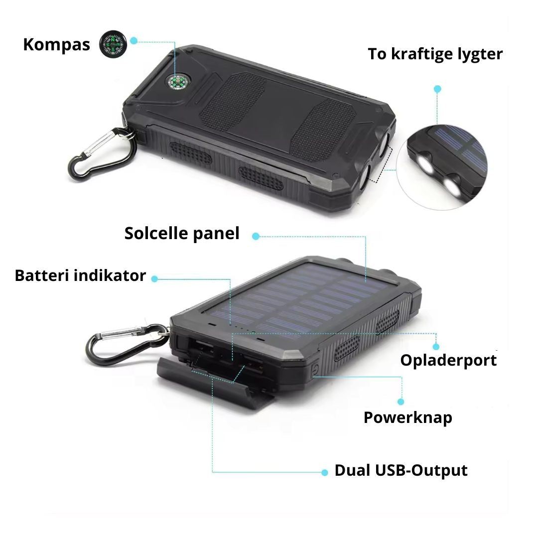 20.000 mAh Powerbank med Solcelle, lommelygte & kompas