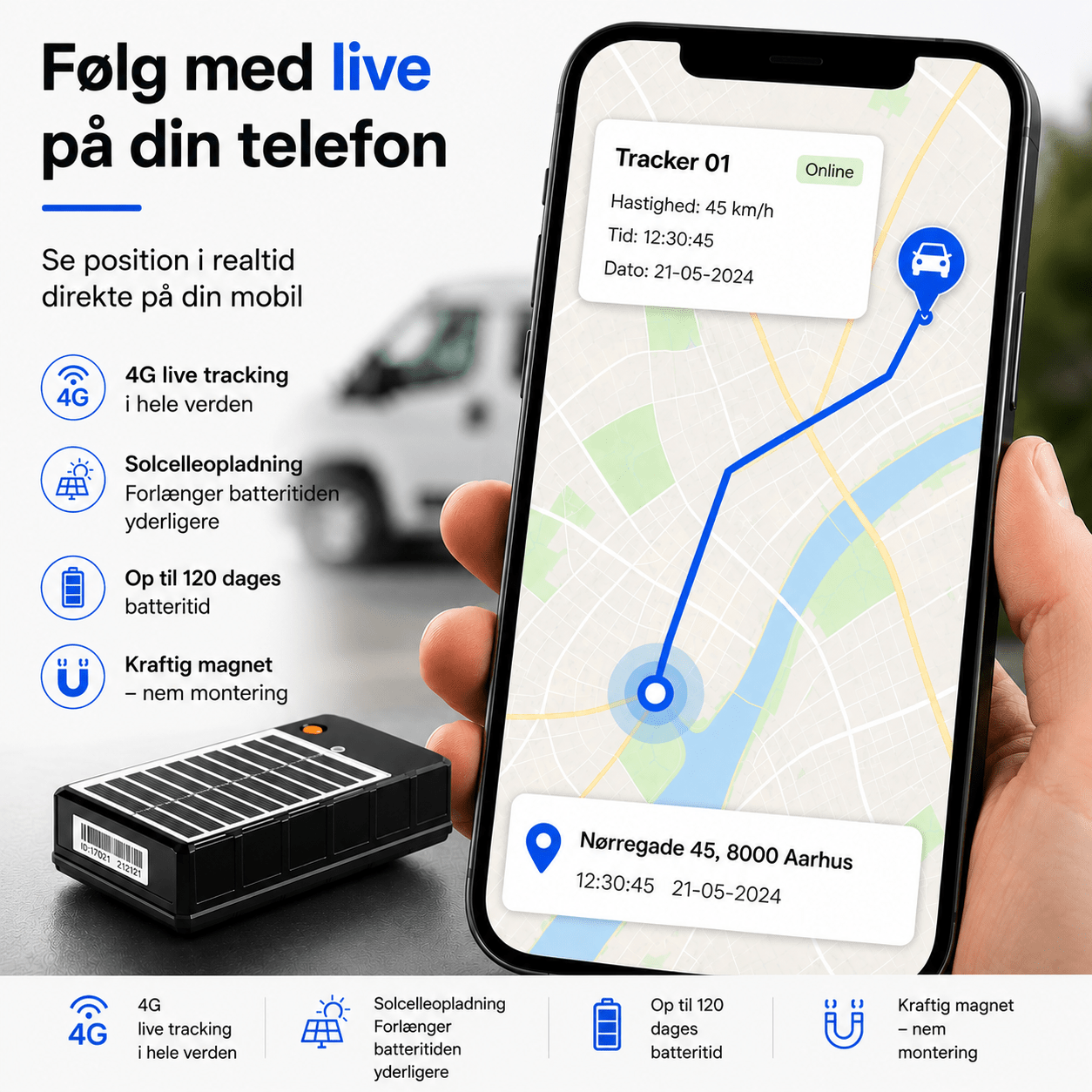 4G GPS Tracker med Solcelle, App og live opdatering