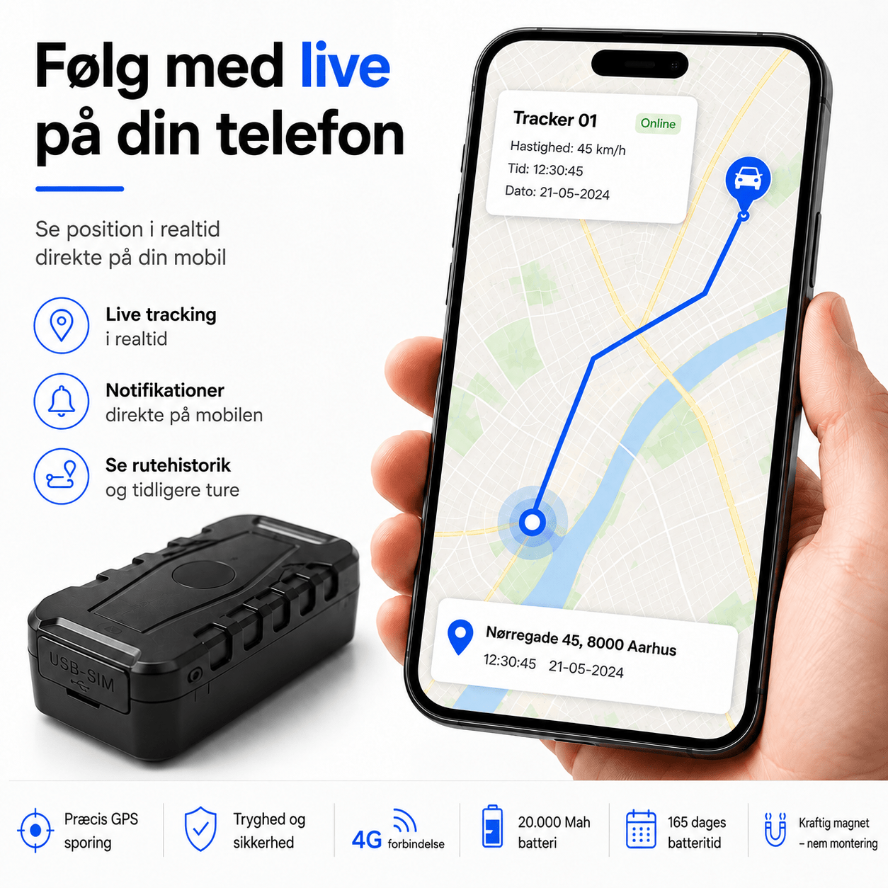 4G Premium GPS Tracker med APP perfekt til bil/båd/MC - Holder strøm i 165 dage