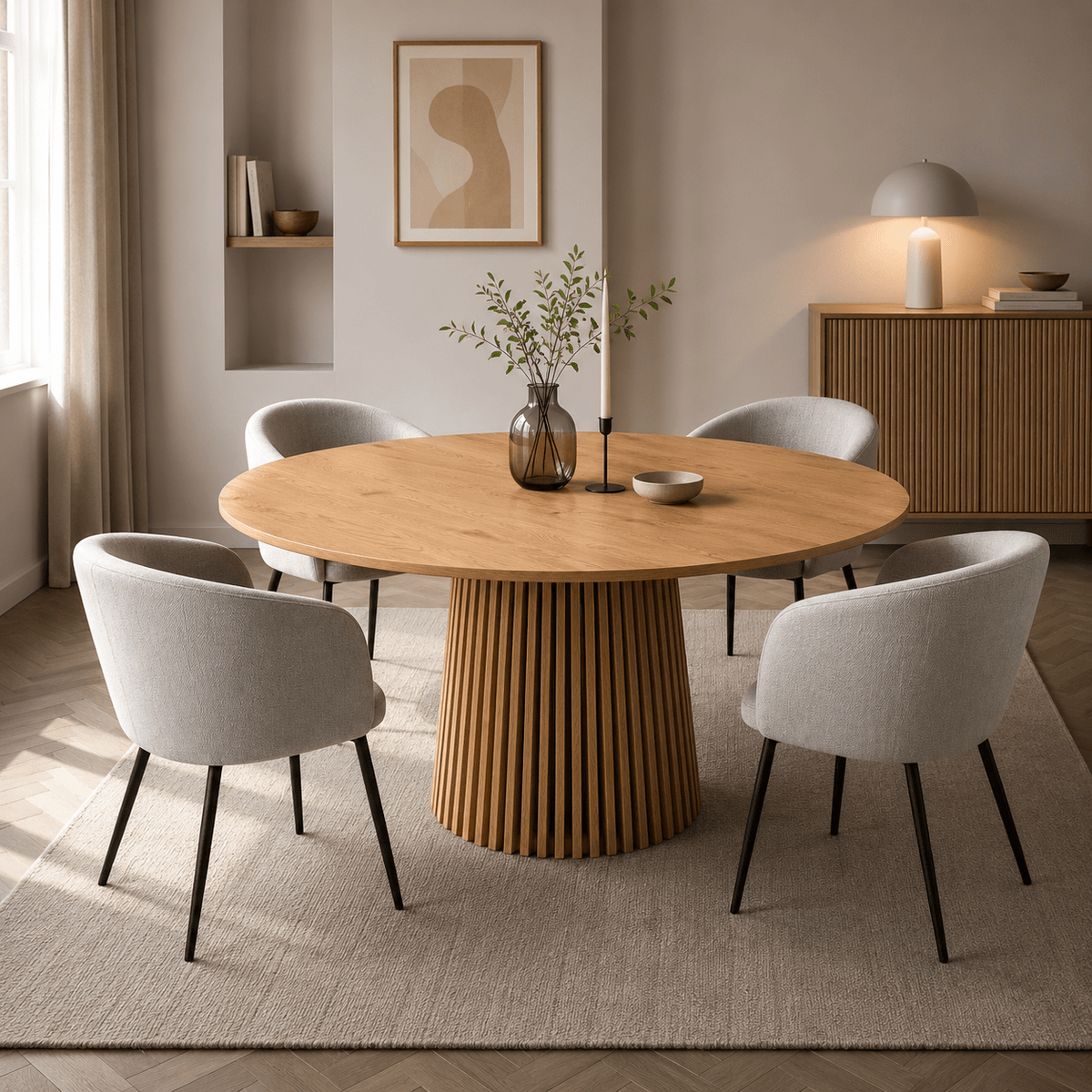 Rundt Lamel Spisebord Ø120 cm – Egetræsfinish