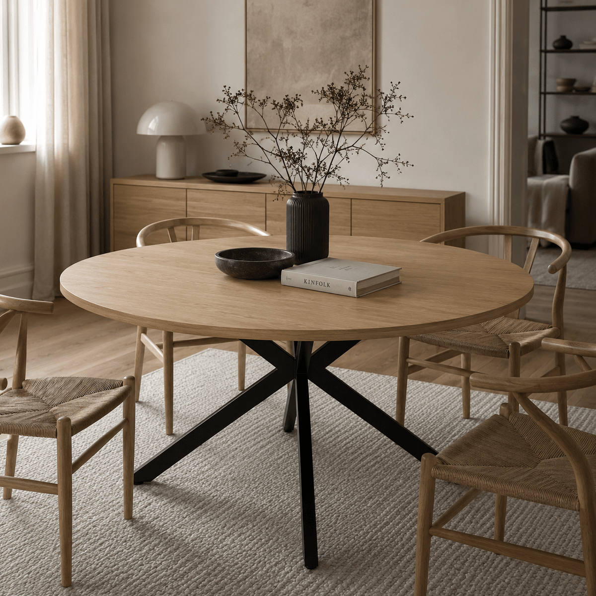 Rundt Spisebord Ø160 cm – Egetræsfinish & Sort Metal