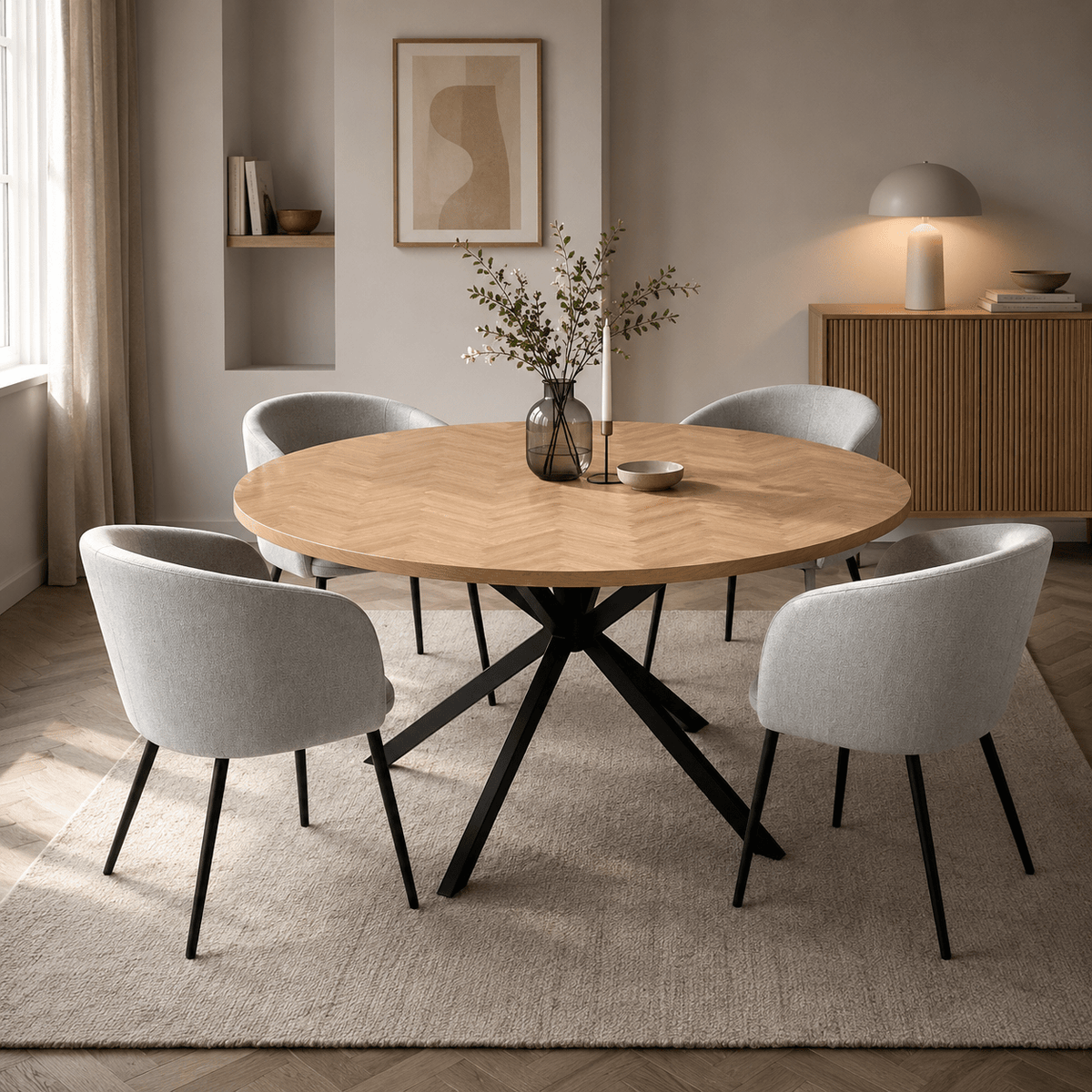 Rundt Spisebord Ø160 cm – Sildebensmønster & Sort Metal