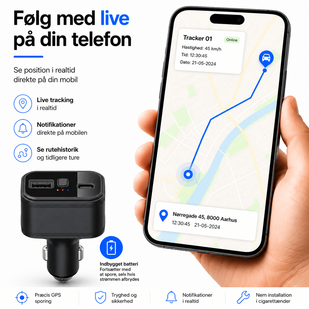 Skjult 4G GPS Tracker til cigarettænderstikket med app