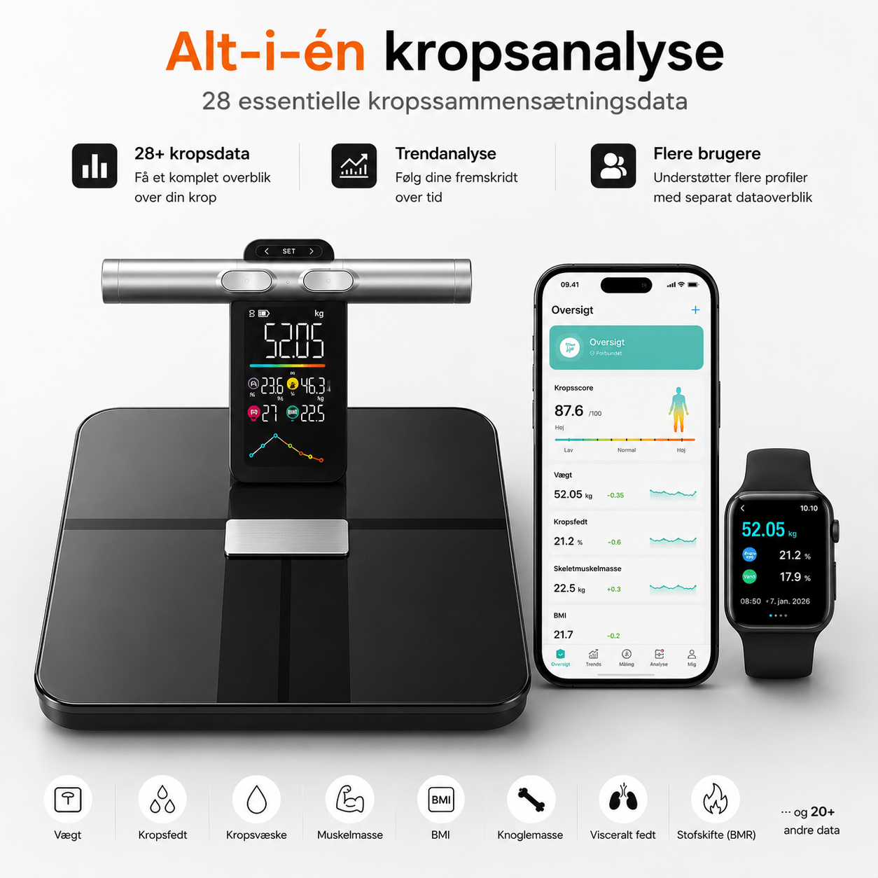 Smart Kropsanalysevægt med 8 Elektroder & Fitdays App